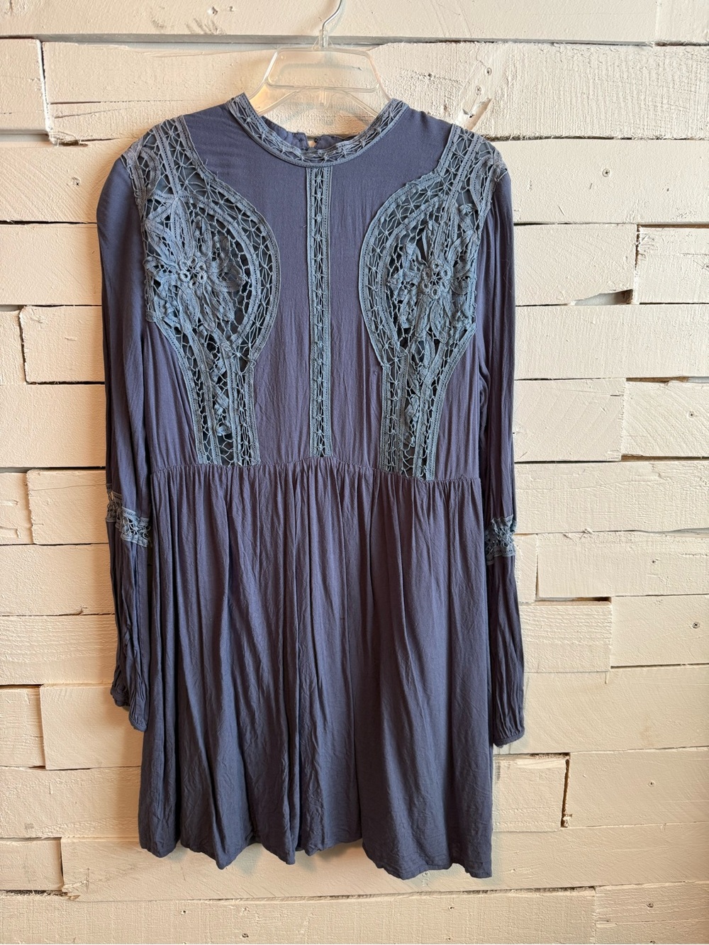 entro Slate Blue Lace-Trim Long Sleeve Swing Dress